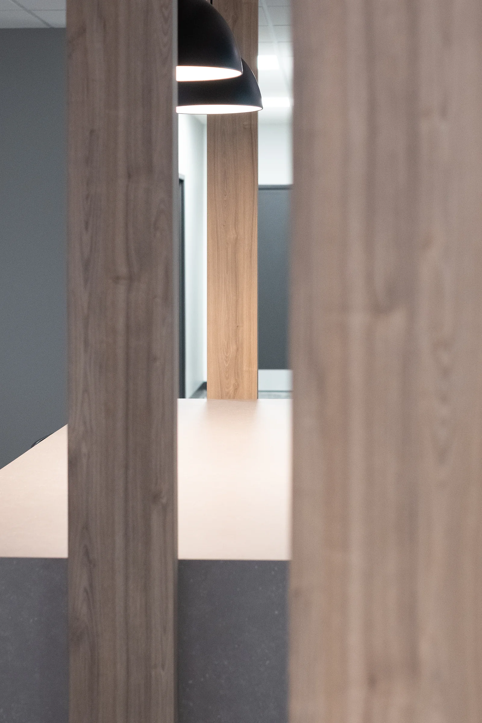 Workspace with vertical wood-grain dividers and black pendant lighting