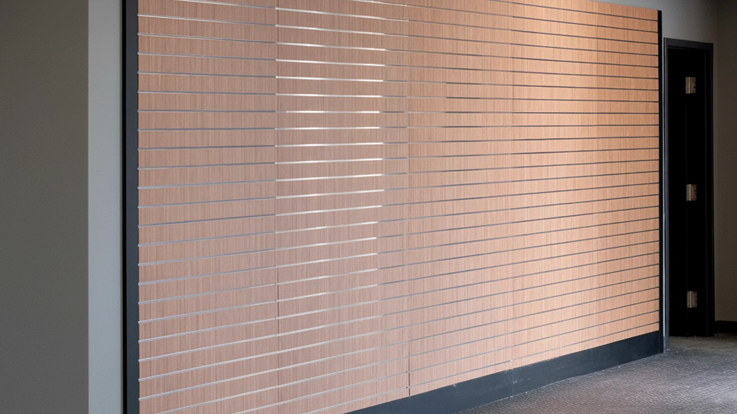 Wood-grain wall with metallic accent strips