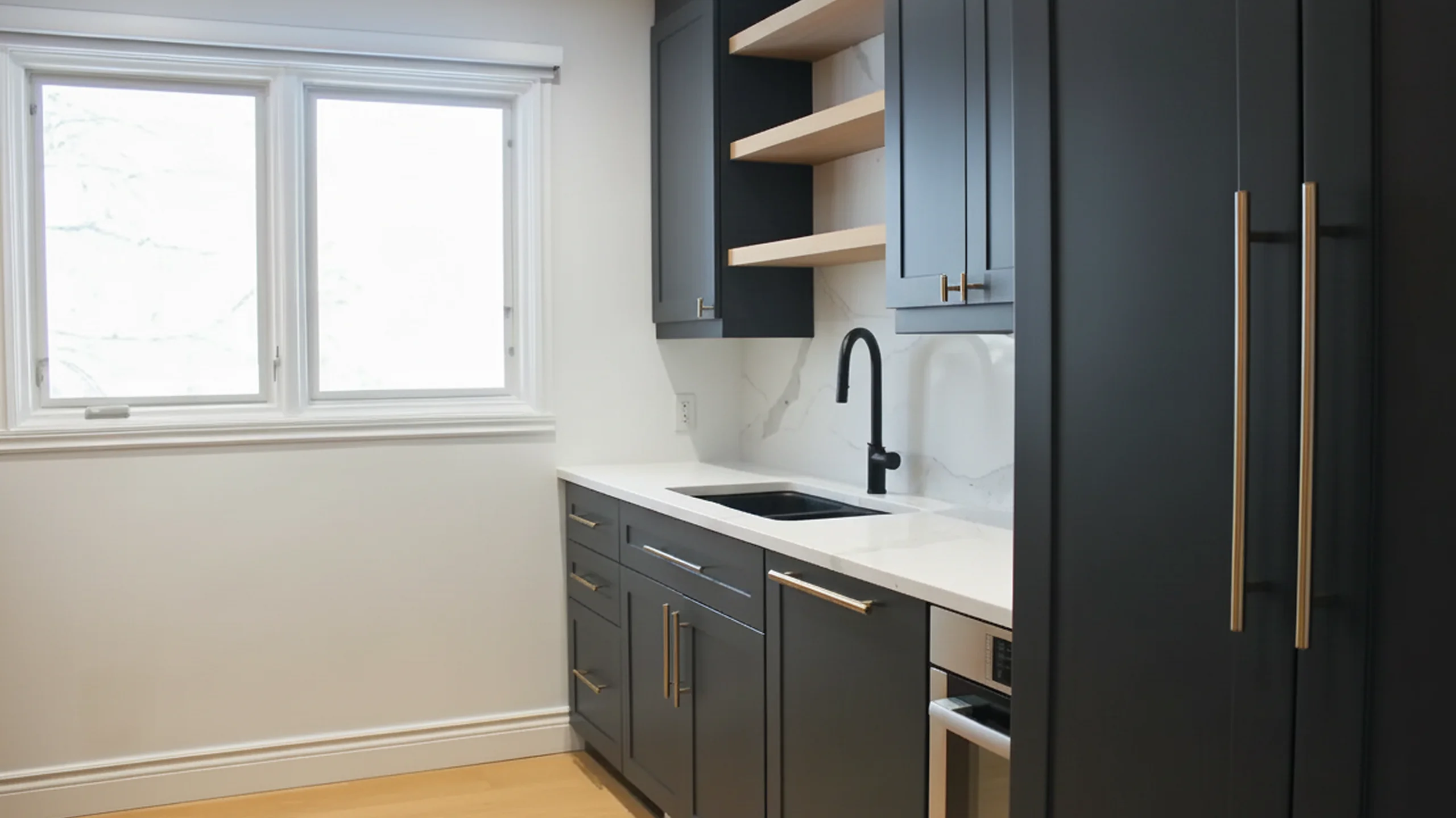 Kitchen sink area with marble backsplash and dark cabinetry