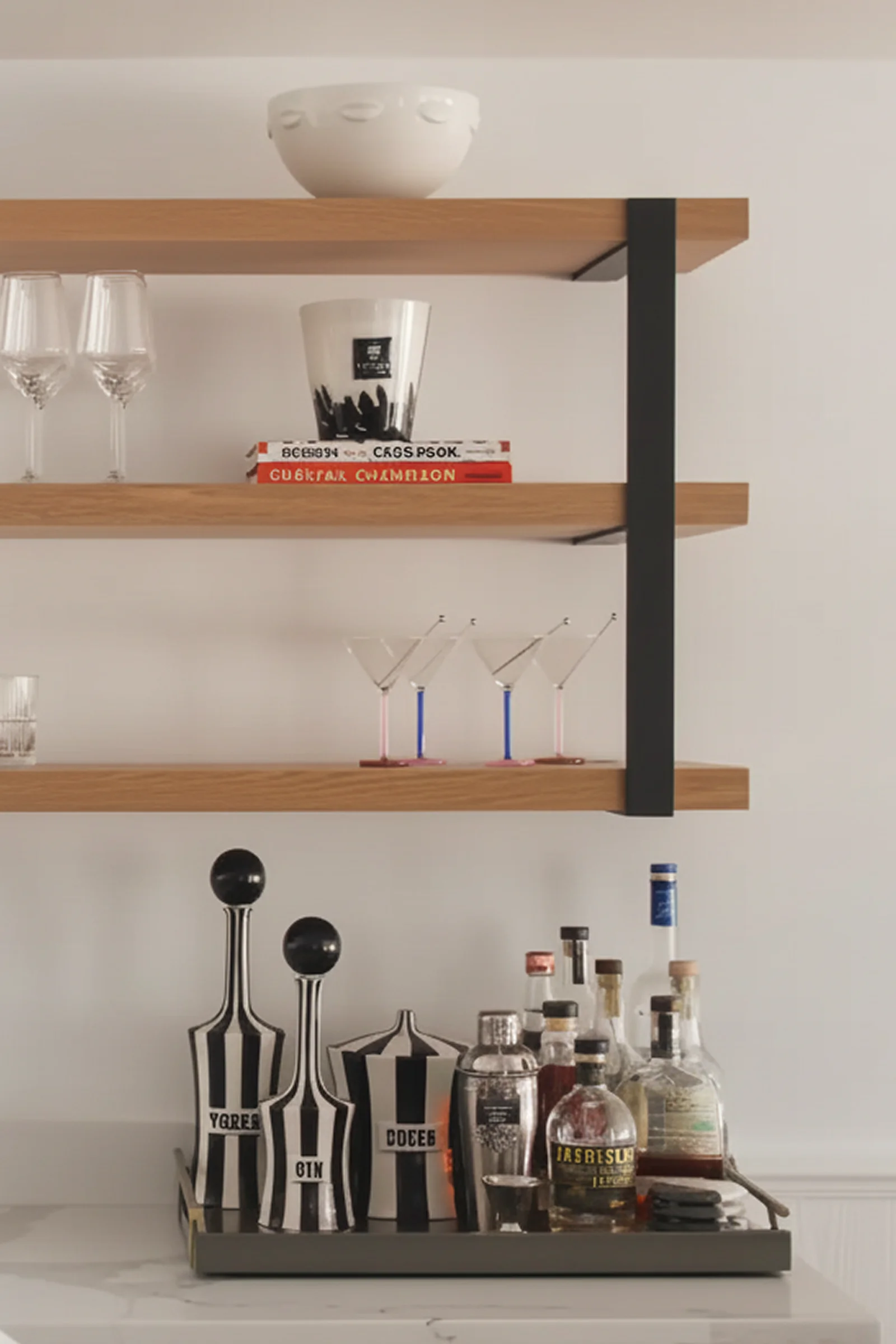 Home bar with open shelving and marble bar station