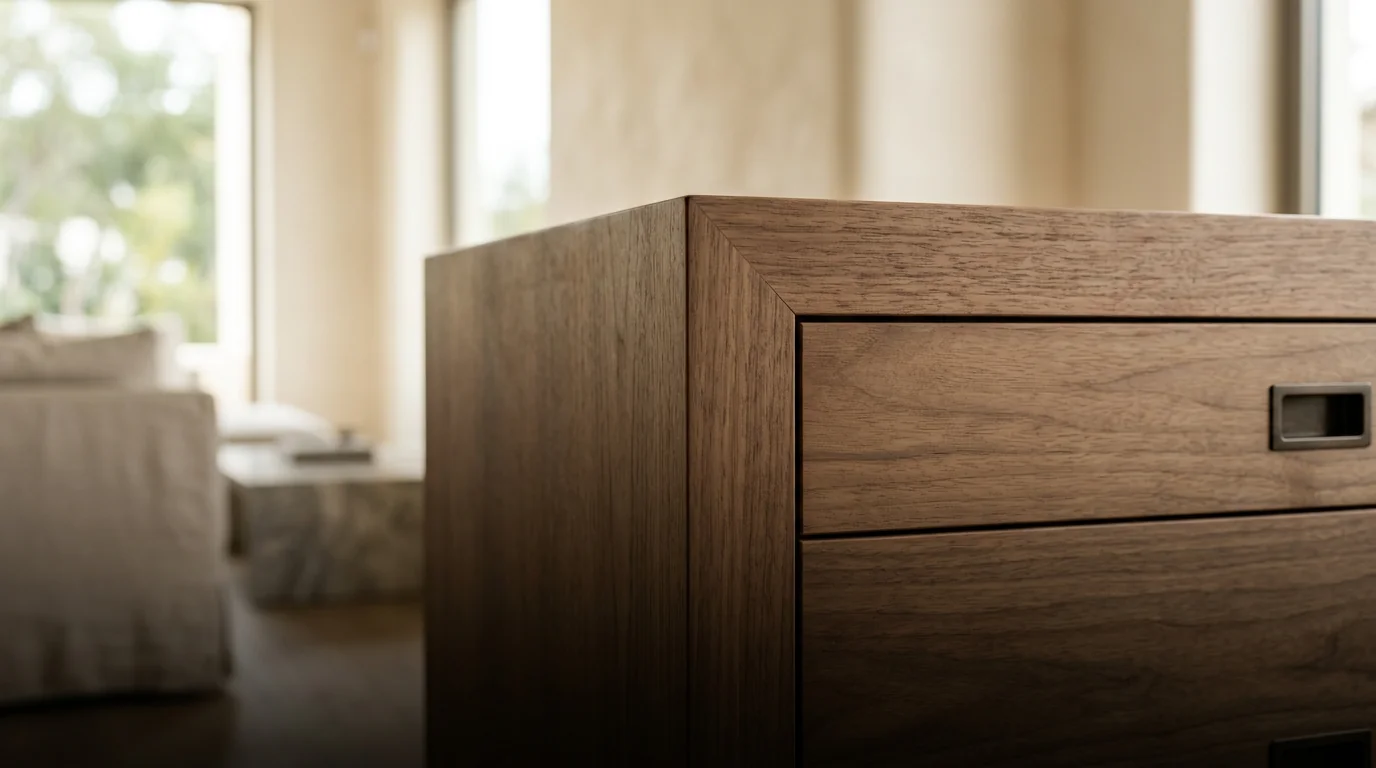 Close-up of bespoke cabinet joinery and fine wood grain—custom millwork craftsmanship