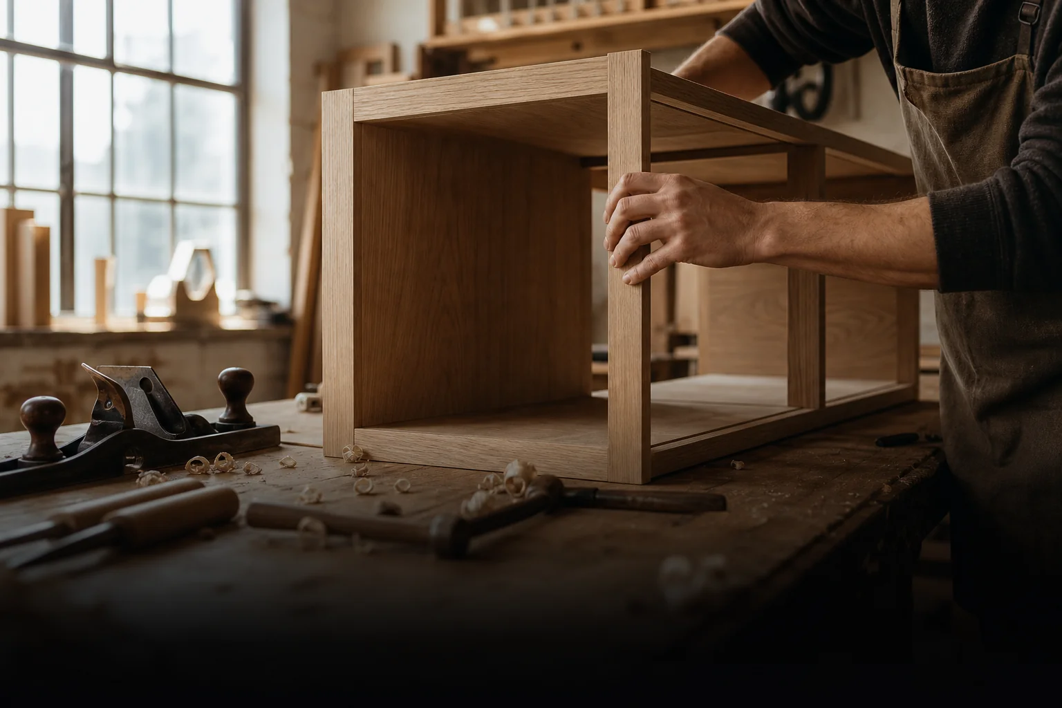 Craftsman assembling custom cabinetry in the workshop—hands-on fabrication and collaborative process